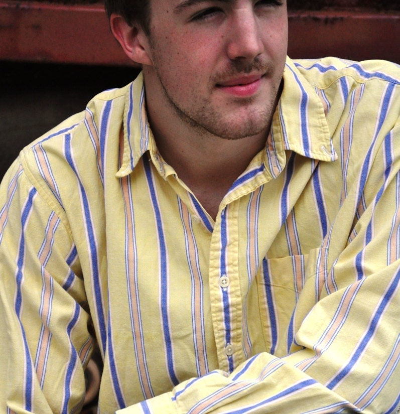 Large Mens Shirt Vintage JCrew Cotton Spring Fashion Ladies Unisex L/S Vertical Striped Yellow Shirt