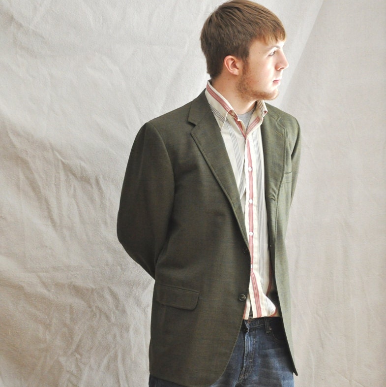 Men's Plaid Jacket Vintage Green Windowpane Plaid Vintage Sack Suit Sport Coat 44R