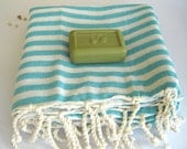 For Moms, Traditional Turkish Bath Towel: Peshtemal, Light and Thin Bath, Beach, Spa Towel, Sarong, Paroe, Aqua Striped