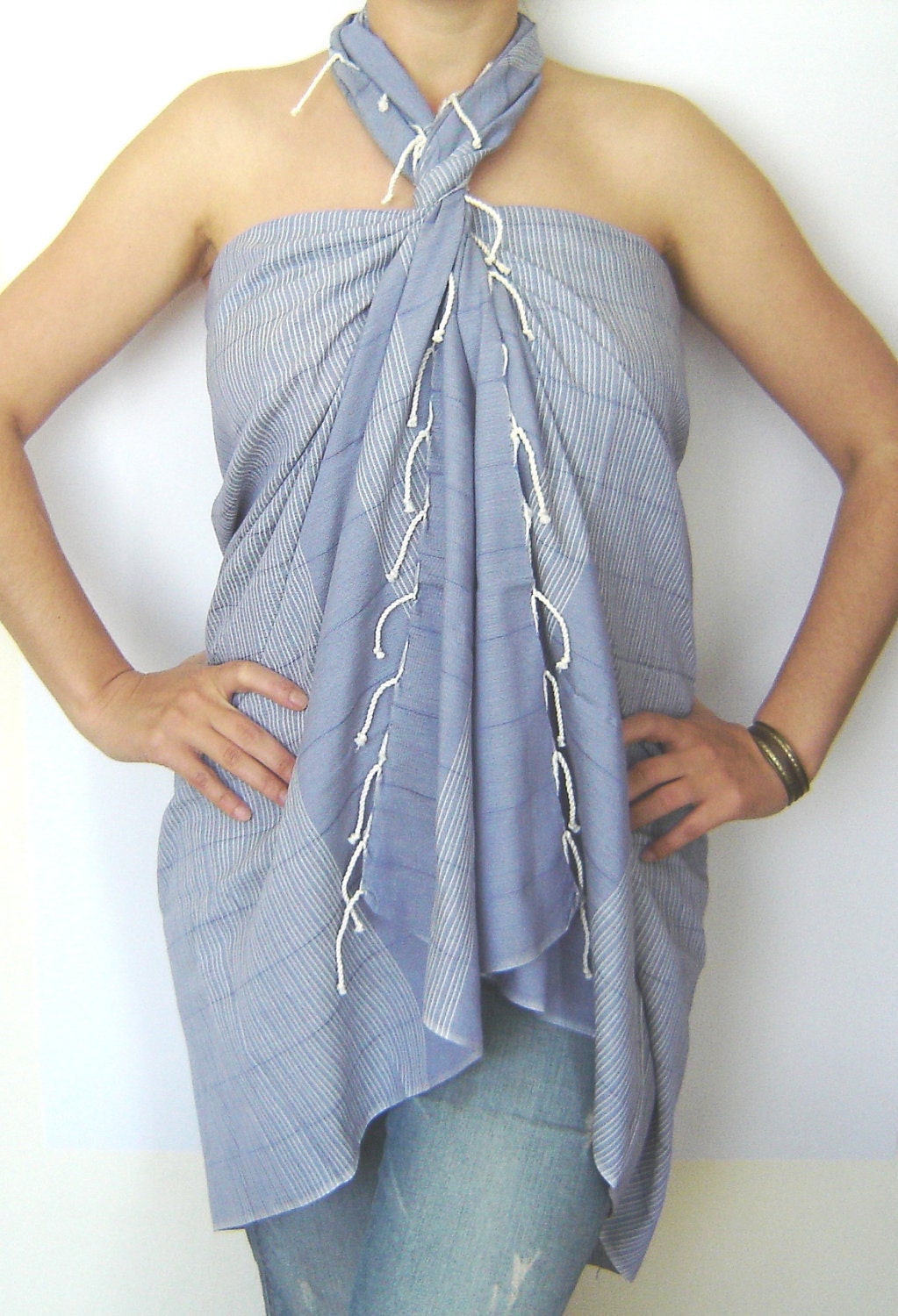Ultrathin Turkish Towel, Pareo, Sarong on the boat, Peshtemal, Bamboo and Cotton, Blue
