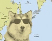 Pet Portrait Dog Illustration Animal Art Retro Map Vacation Sunglasses Husky