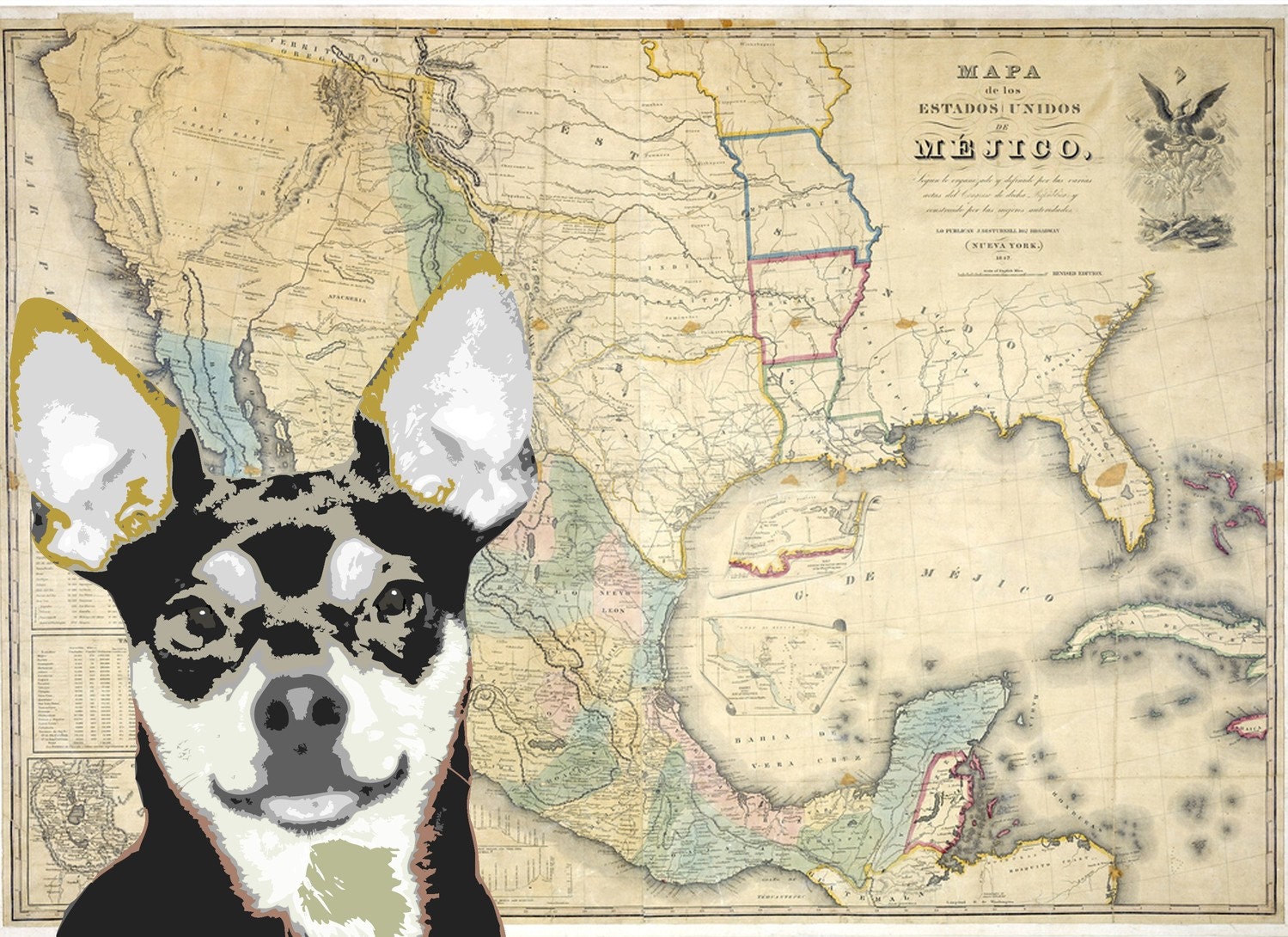 Dog Art Pet Portrait Animal Poster Chihuahua Retro Map Vintage Map