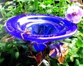 BIRD and BUTTERFLY Feeder, 18K Gold and Blue, Stained Glass, inscription, Garden Art, copper, housewares
