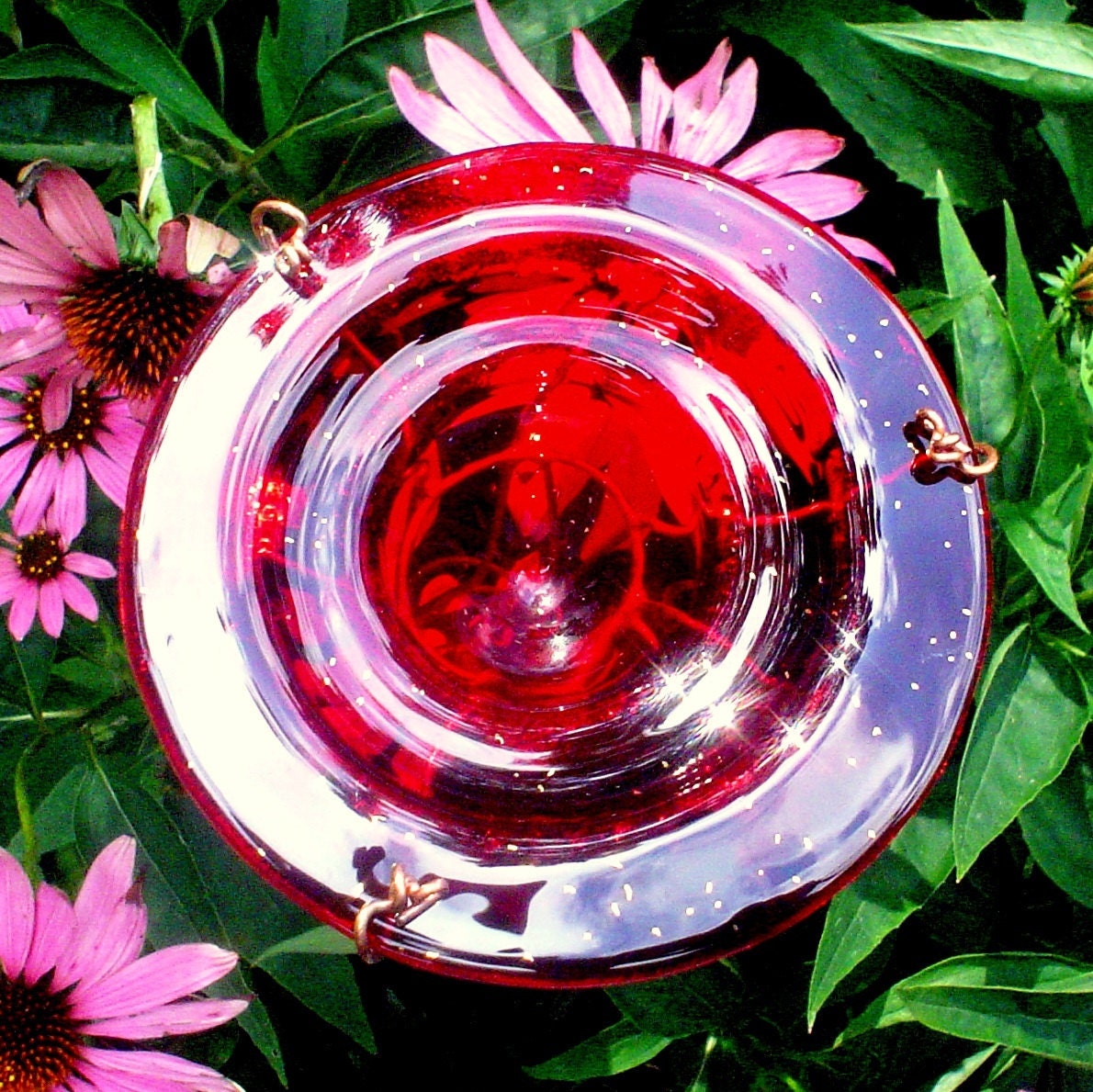 BUTTERFLY FEEDER. stained glass, copper, Red, 18K Gold