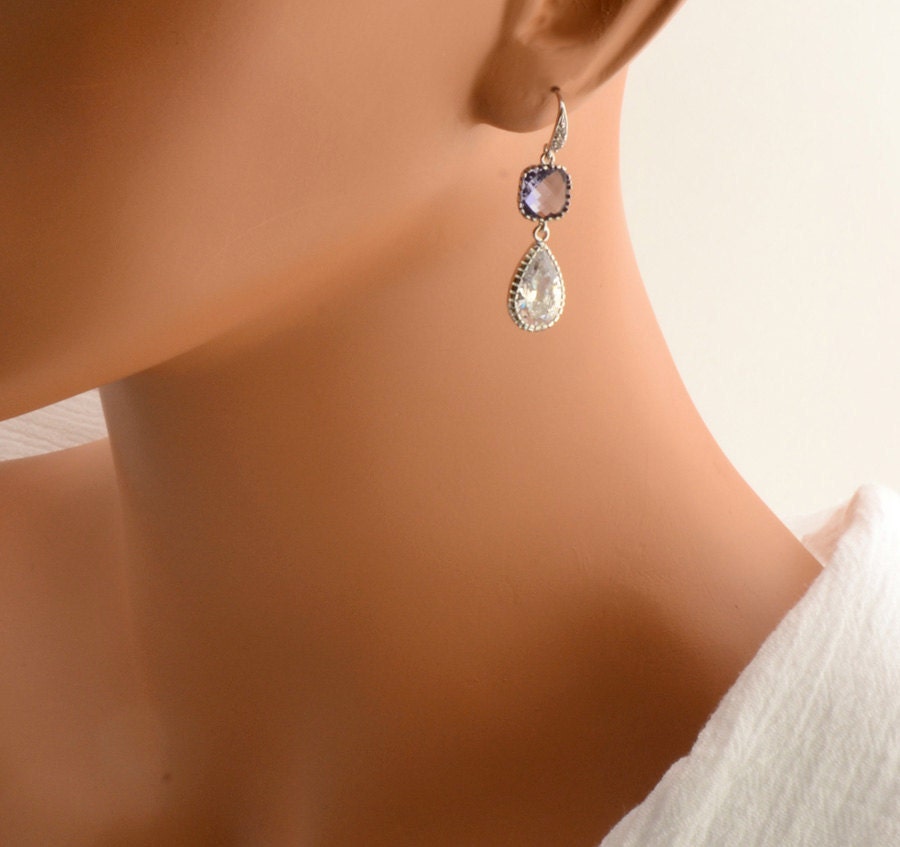 Wedding Jewelry - Silver Earrings with Cubic Zirconia and Tanzanite Glass Stones - Bridal - Simple and Elegant