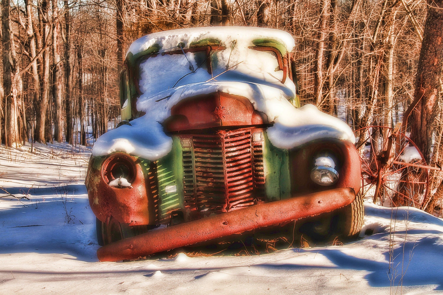 Rustic Photography - Old Green Truck in Snow - Winter - Snow - Fine Art Photograph - Art Print - Home Decor - 6X9 - (other sizes)