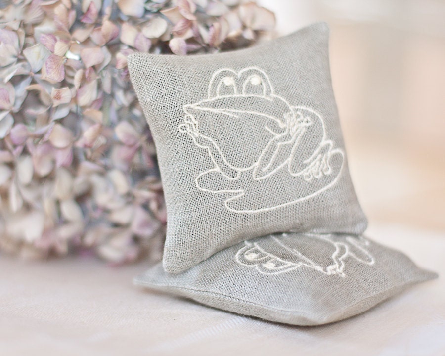 Lavender Sachets LITTLE FROGGY - Set of Two Embroidered Linen Cushions
