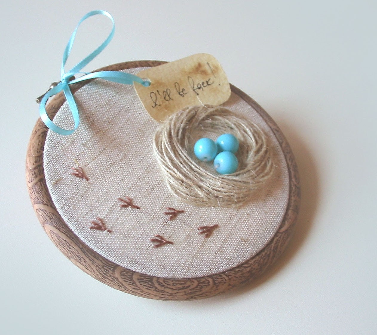 Organic Hand Embroidered Wall Hanging Nest with Robin Eggs- I WILL BE BACK - tbteam