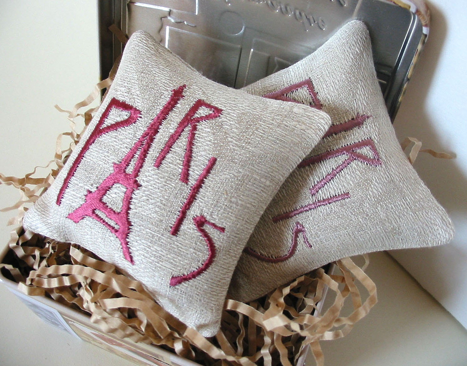 Lavender Sachets PARIS - Set of Two Embroidered Linen Cushions