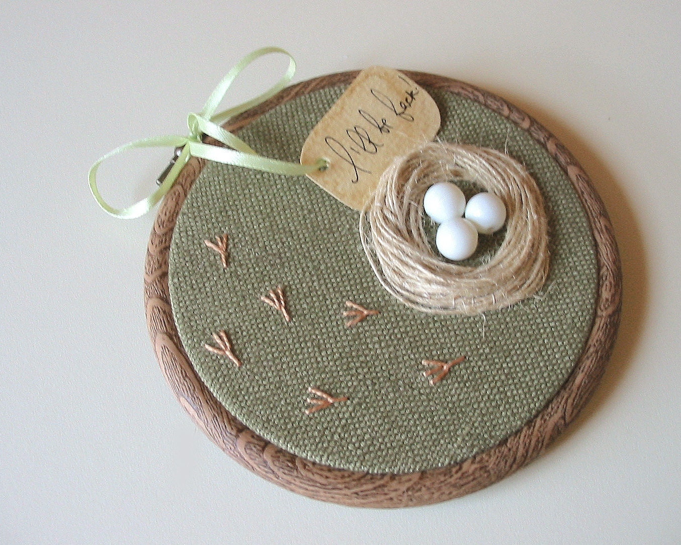 Organic Olive Hand Embroidered Wall Hanging Nest with White Eggs- LILLY'S NEST - tbteam - RESERVED
