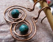 Copper swirls, spring sale,hammered wire wrapped copper, antique hoops earrings,chrysocolla gemstone,September birthstone,boho eco friendly