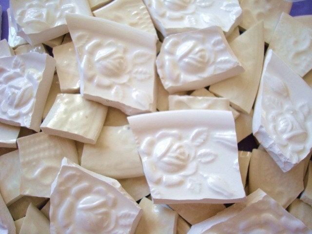 91 Ivory Embossed Design w White Roses Mosaic Tiles Tesserae Handmade Cut Nipped Dinnerware Plates Dishes Flowered Mosaics