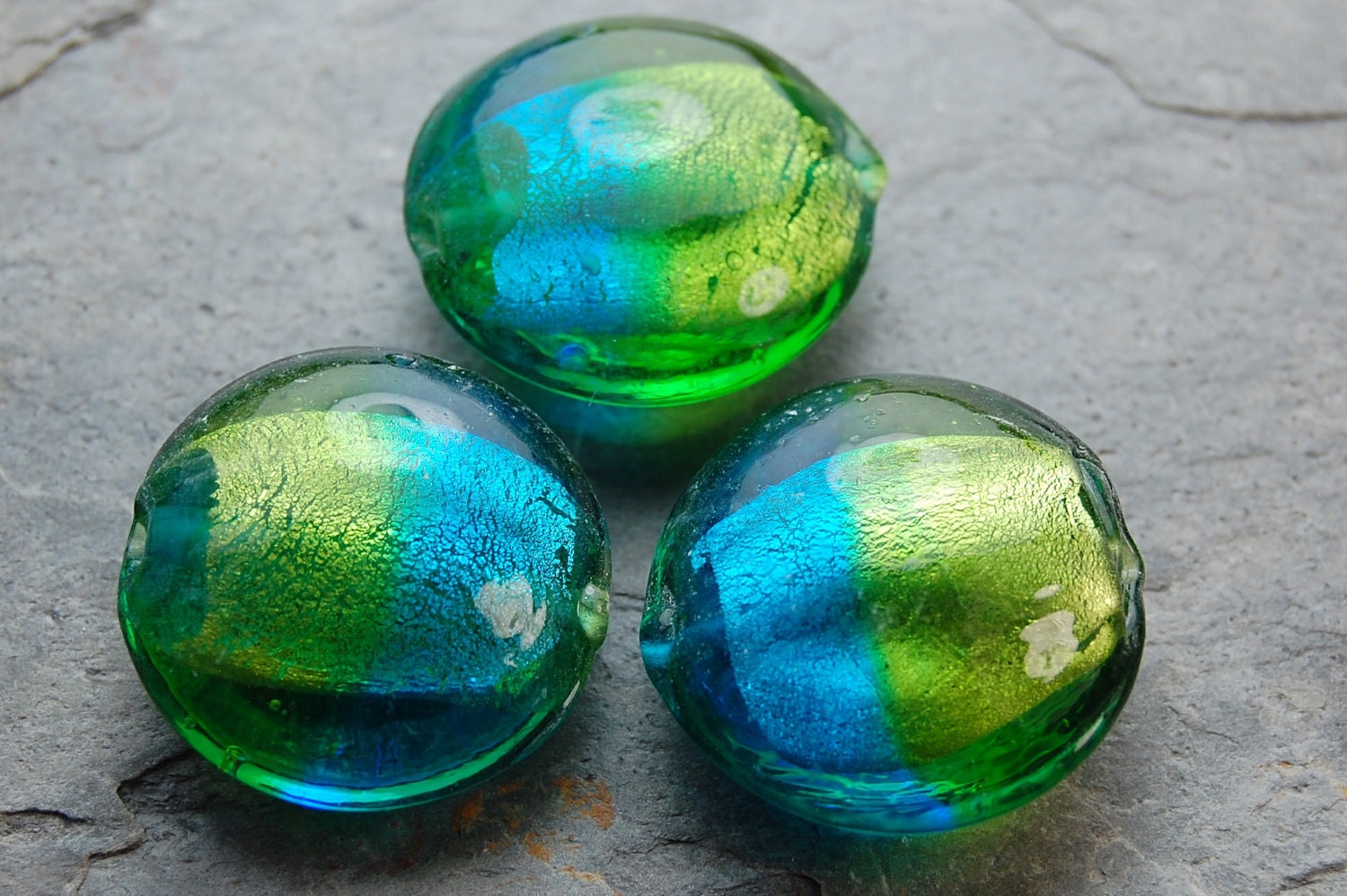 Semi Translucent Teal and Lime Round 20mm Lampwork Beads- 6