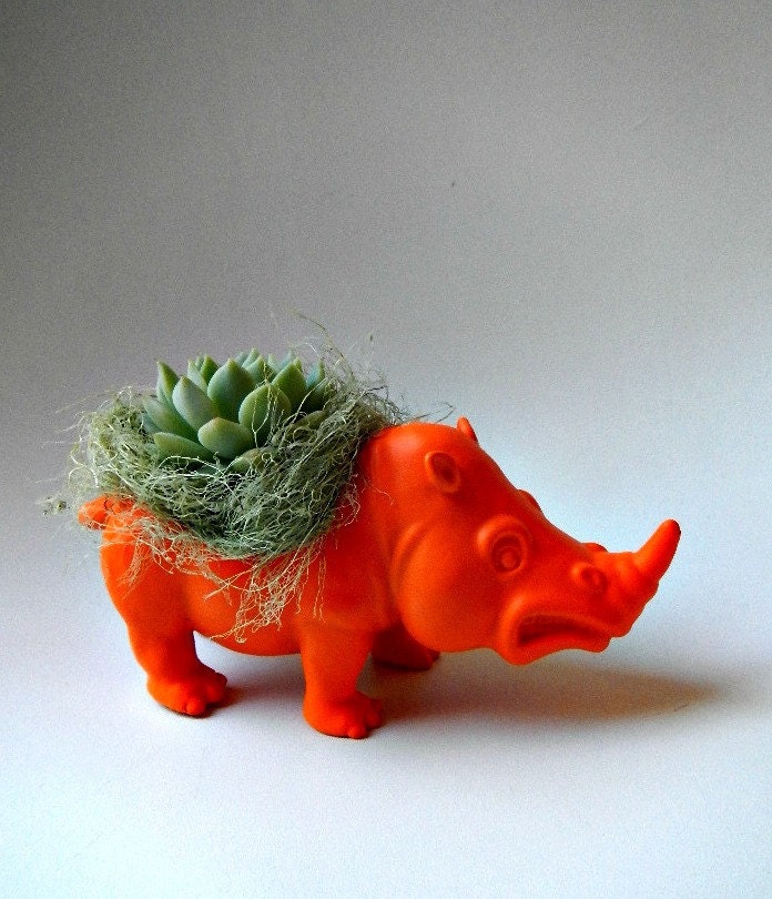 Neon Orange Rhinoceros Planter - Mini Modern Art Centerpiece