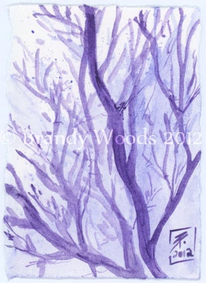 Purple Winter Tree Branches Watercolor Painting SFA ACEO Brandy Woods