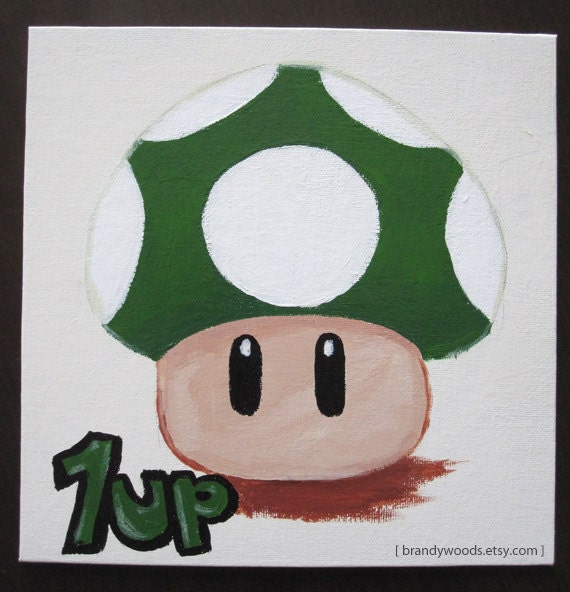 Super Mario Bros 1-Up Mushroom original acrylic painting art artwork Brandy Woods