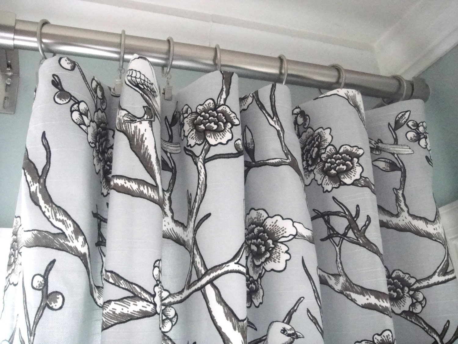 A Pair Of 50x96 Inch Flat Panels On Clip Rings /Rod Pocket Draperies Blossom Dove