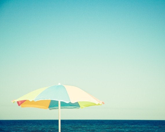 Beach Umbrella Photo - aqua blue teal seashore photography yellow modern coastal wall art ocean sea shore fine print - 8x10, 8x8 Photograph