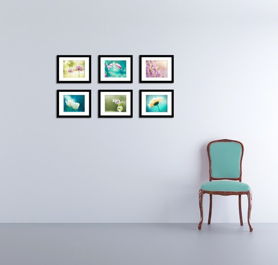 Set of 6 8x10 Flower Photographs - floral photography pastel spring wall art photo set teal aqua blue green pink purple art prints set decor