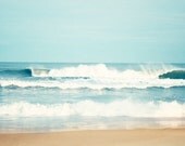 Large Ocean Photography - beach blue sea sescape landscape beige waves coastal water white - large beach print wall art - 16x24 Photograph