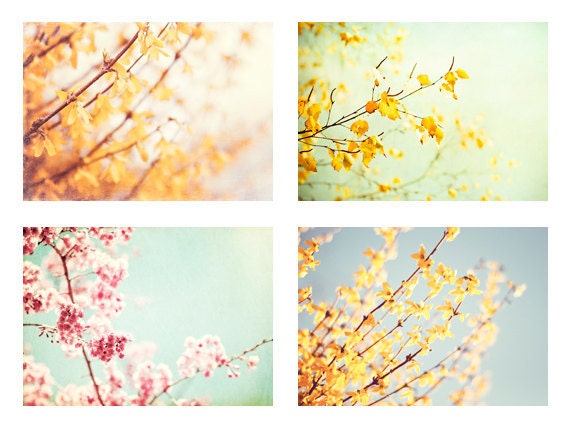 Flower Photography Set - Four 5x7 Photographs - spring pastel pale photos mint floral yellow blue pink green nursery prints nature wall art