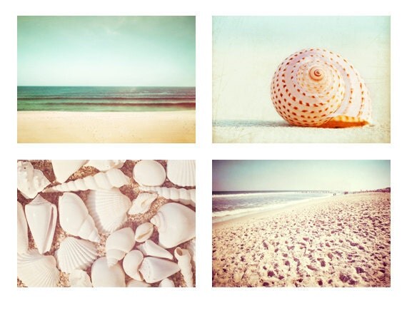 Beach Photography Set - Four 5x7 Photographs - ocean seashell photo prints - mint green turquoise cream pastel beige - seashore wall art