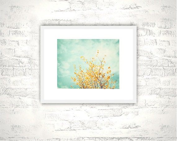 Nature Photography - tree wall art mint green print yellow gold teal turquoise blue light botanical - 11x14, 8x10 Photo, "Gentle Whisper"