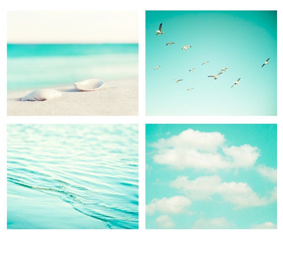 Beach Photography Set - turquoise coastal wall art seashell teal clouds photograph blue ocean birds water - Four 8x10 Photographs