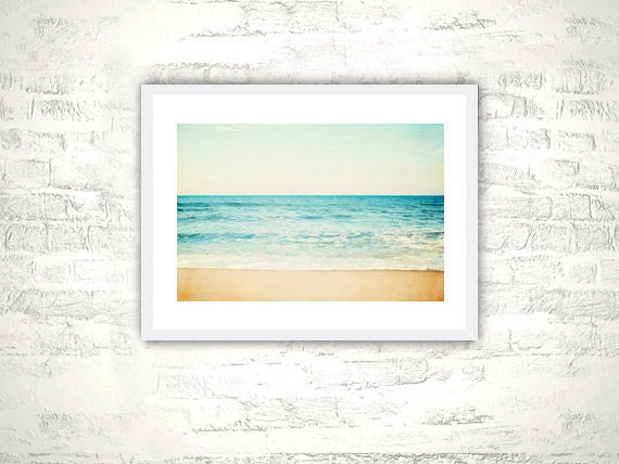 Beach Photography - ocean sea seascape landscape horizon - aqua blue beach beige - coastal wall art seashore - 8x12 Photograph, "Carefree"