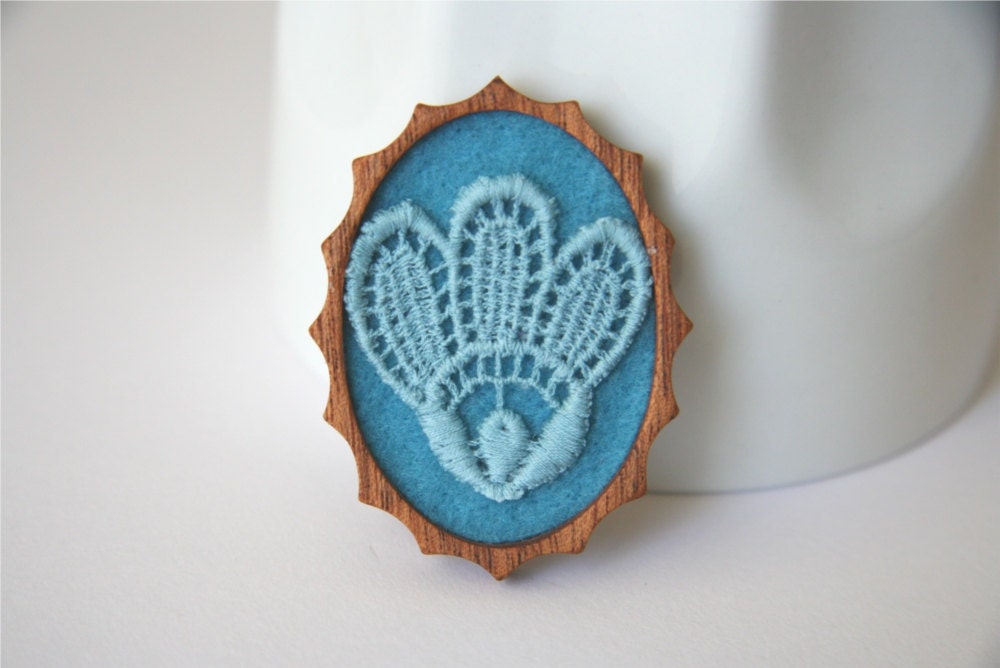 Pale Blue Vintage Lace on Sea Green Felt Wooden Brooch, Lace and Mahogany Series