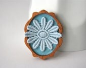 Pale Blue Vintage Lace Flower on Sky Blue Felt Wooden Brooch, Lace and Mahogany Series