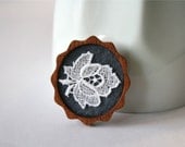 White Lace Flower on Slate Grey Brooch, Lace and Mahogany Series - lesalikes
