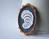 Vintage White Lace on Slate Grey Felt Wooden Brooch, Felt and Mahogany Series