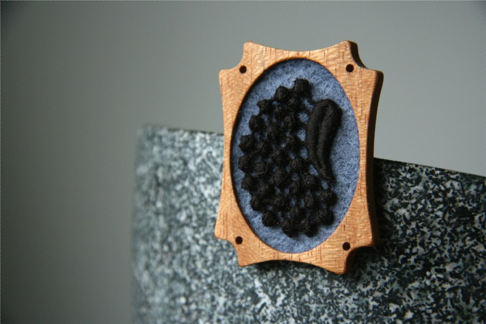 Black Vintage Lace on Slate Grey Gray Felt Wooden Brooch, Lace and Mahogany Series