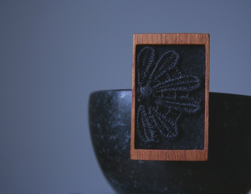 Black Lace Bloom on Black Felt Wooden Brooch, Lace and Mahogany Series