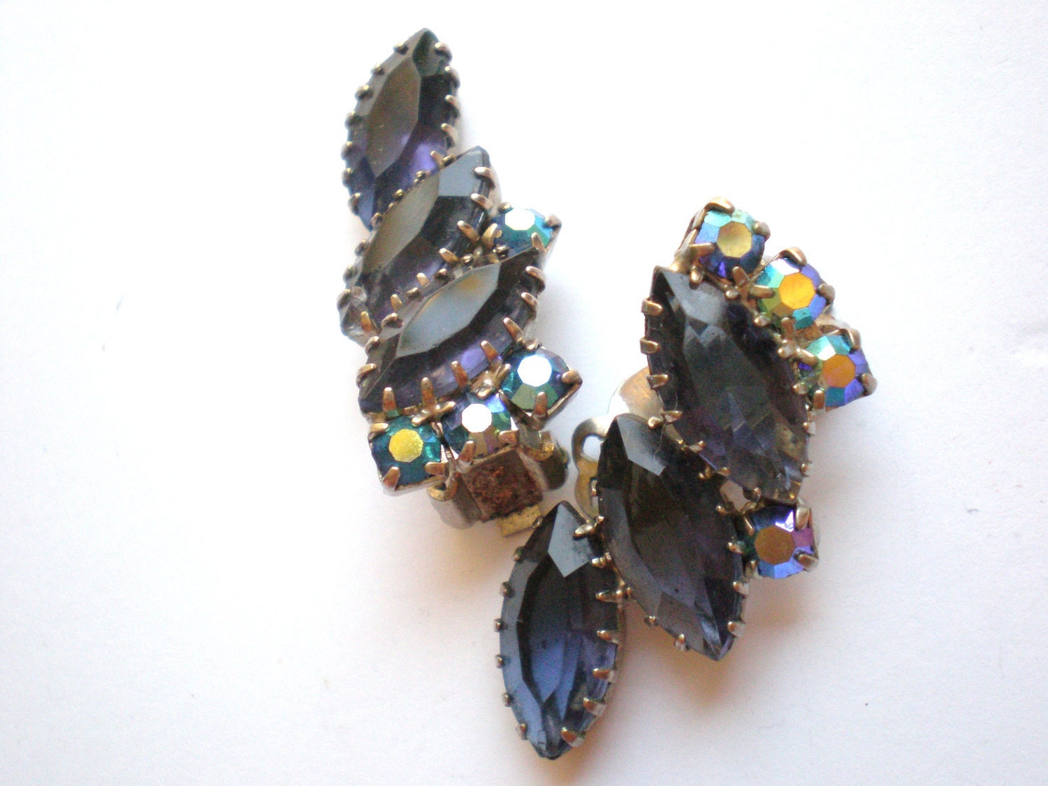 Vintage Rhinestone Earrings, Blue, Aurora Borealis
