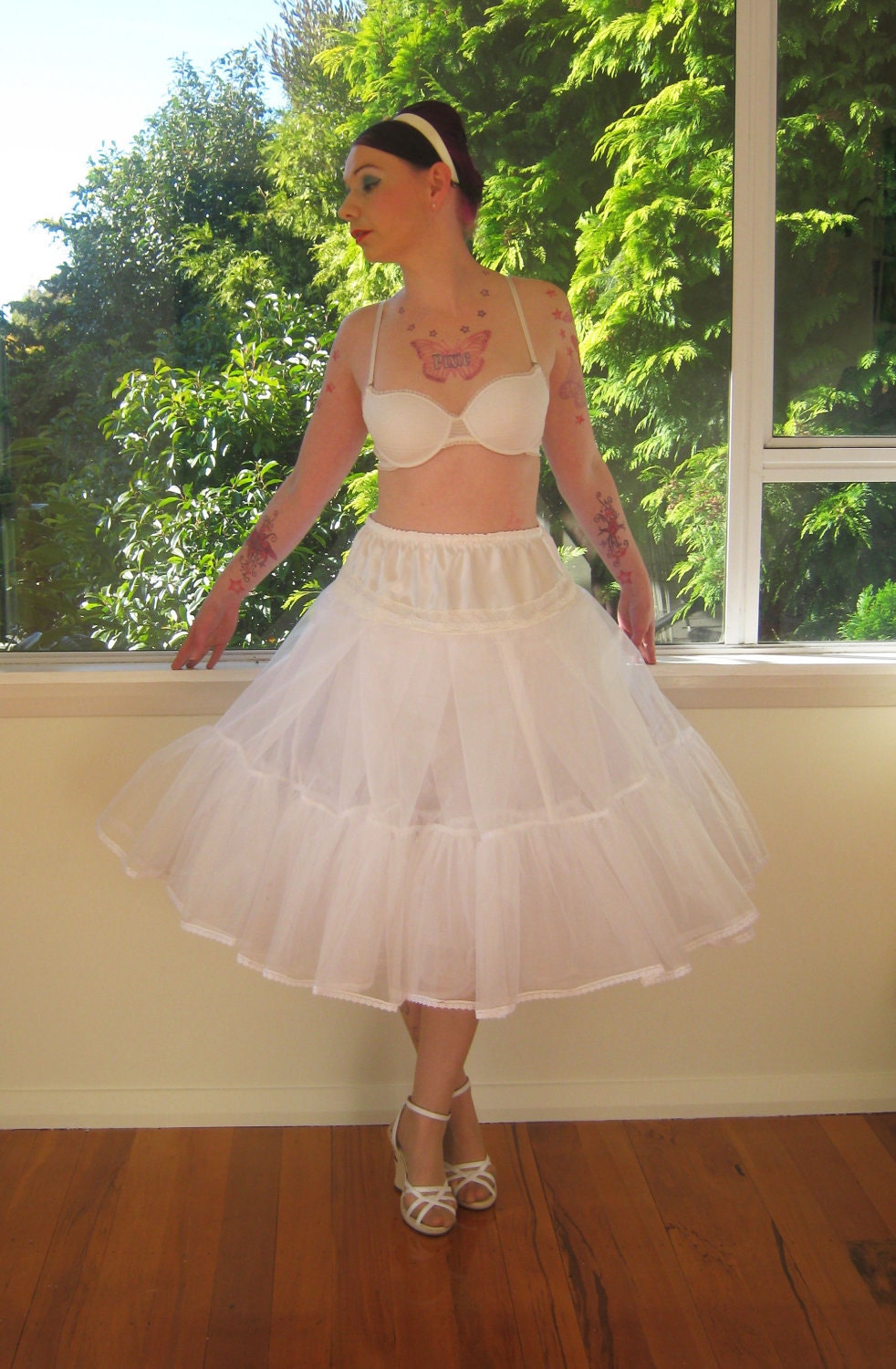 1950s Pin Up 'Audrey' Wedding Dress in a with Polka Dot Bodice, Belt and Organza Petticoat Tea Length - custom made to fit
