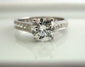 Diamond Engagement Wedding Ring - 1 Carat Diamond Center Stone - 14K White Gold - Customized or Personalized or Engraved Ring Available