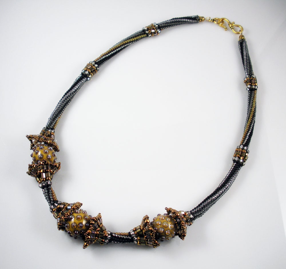 Beadweaving: Black, Bronze, Grey & Gold Herringbone Necklace with Lampwork Beads