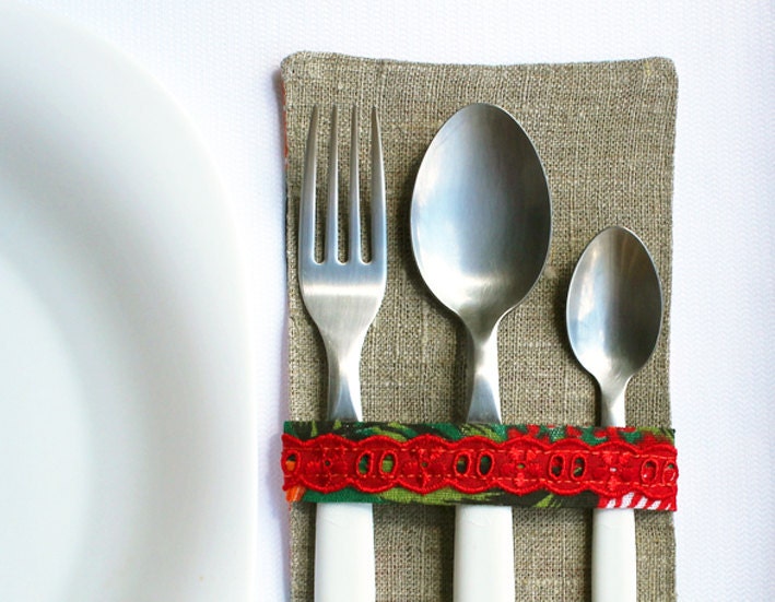 Bright table decor. Cutlery coasters two-sides decorated organic. Set of 2