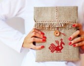 iPad sleeve or iPad case. Organic. Hand's embroidery. Peacock. Rustic. Natural grey. Strawberry red. Summer style. Made to order.