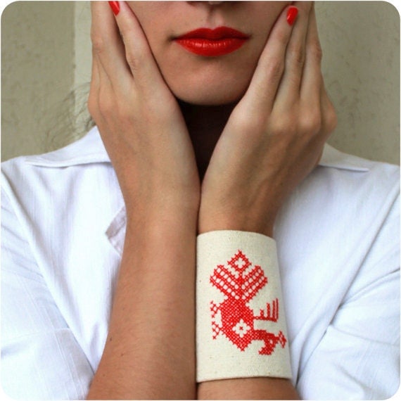 Bracelet cuff textile white red embroidered ready for shipping fairytale peacock OOAK gift