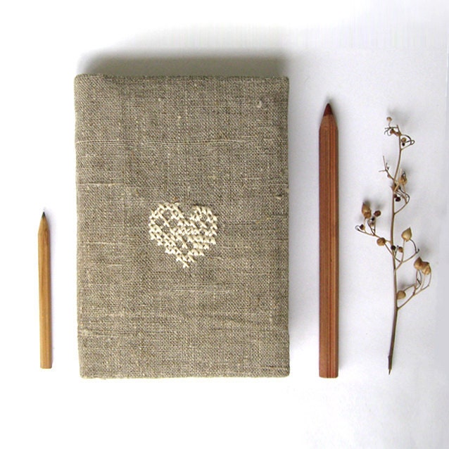 Rustic heart cozy notebook or journal cover fabric embroidery gift under 25