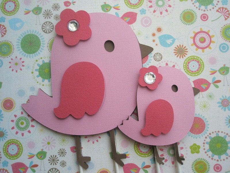 Mommy And Baby Bird Cake Topper set in shades of pink, or pick your own colors
