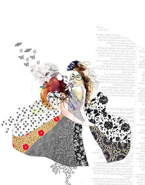 Fashion illustration print, Fashion art, Collage art, Red and Black