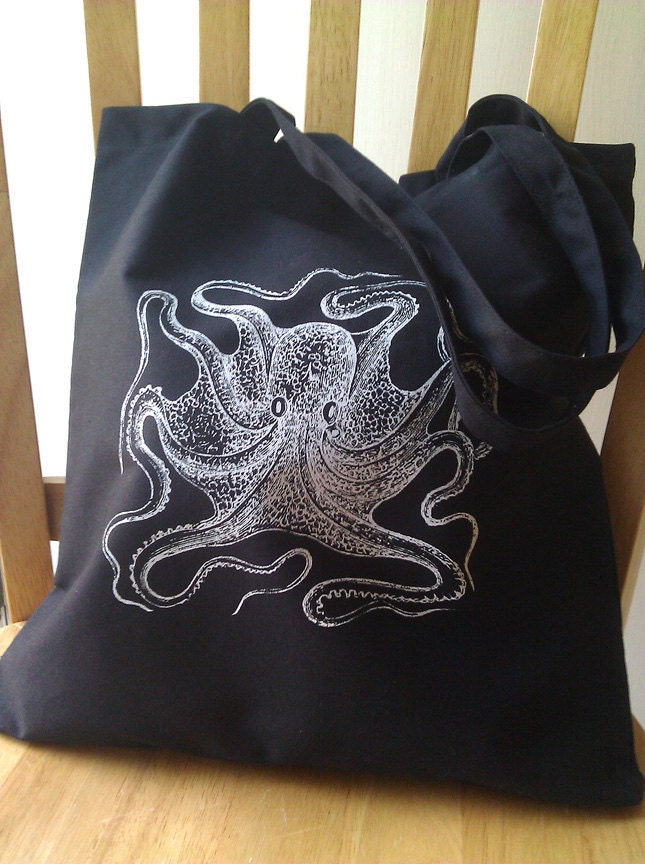 Octopus Tote Bag Black Canvas