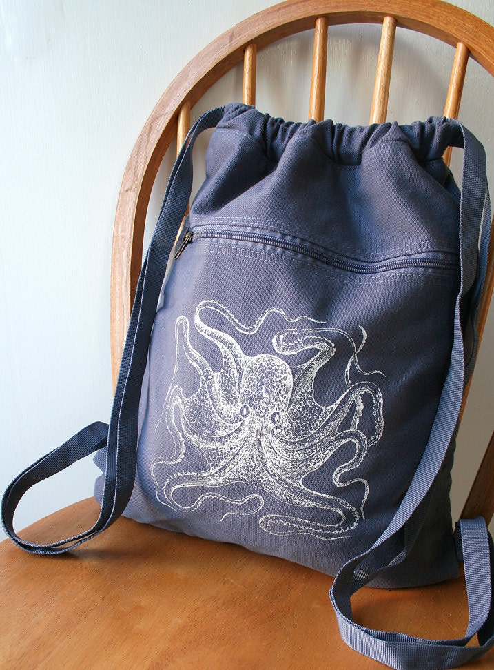 Blue Octopus Backpack Screen Printed Canvas