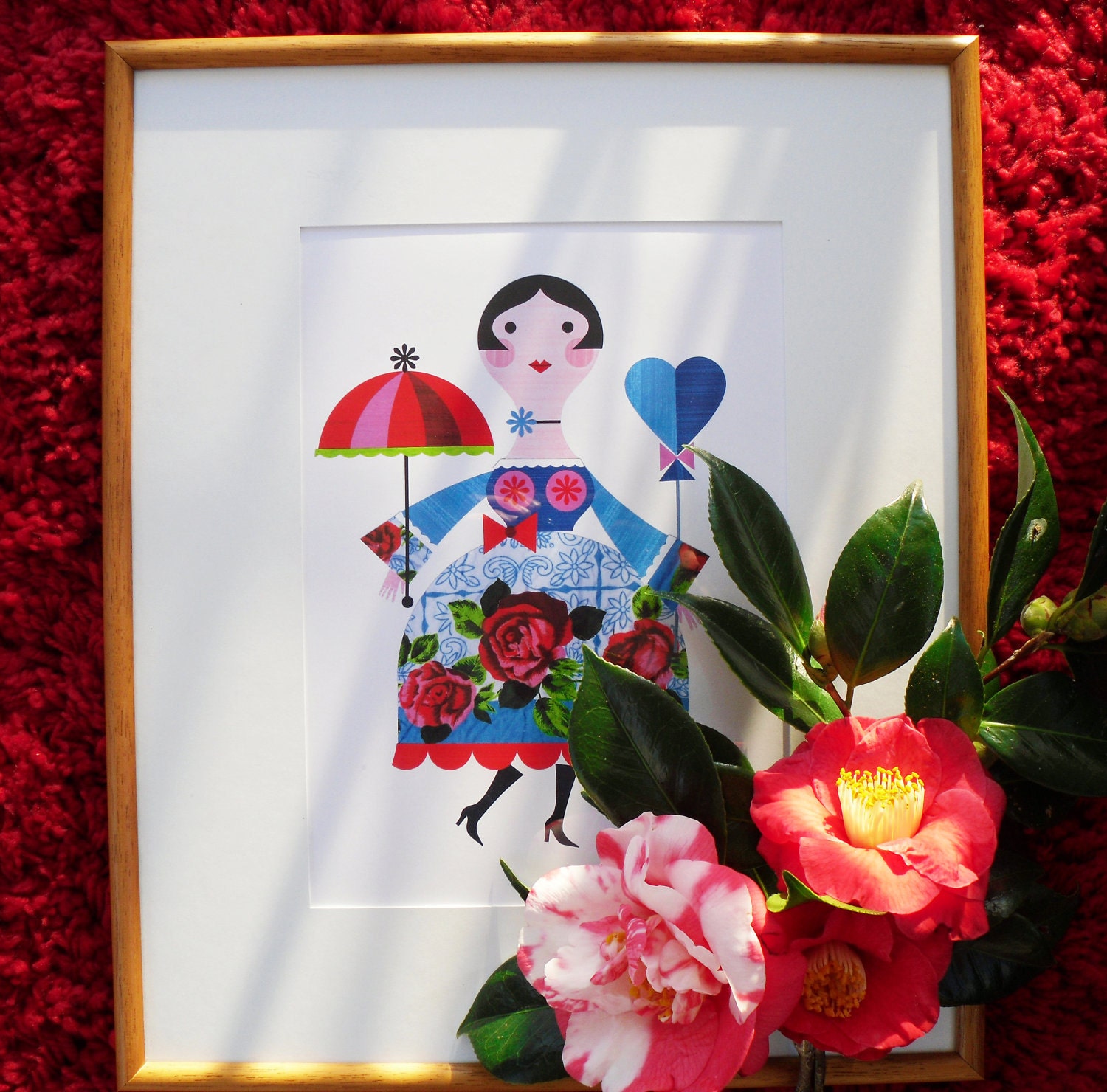 Pretty Lady in Rose Fabric Dress Print of Paper Cut