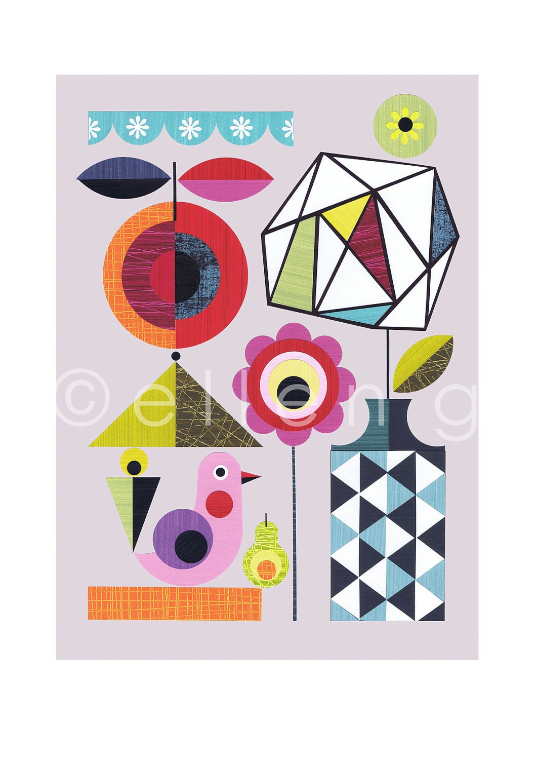 modern retro flower print of paper cut