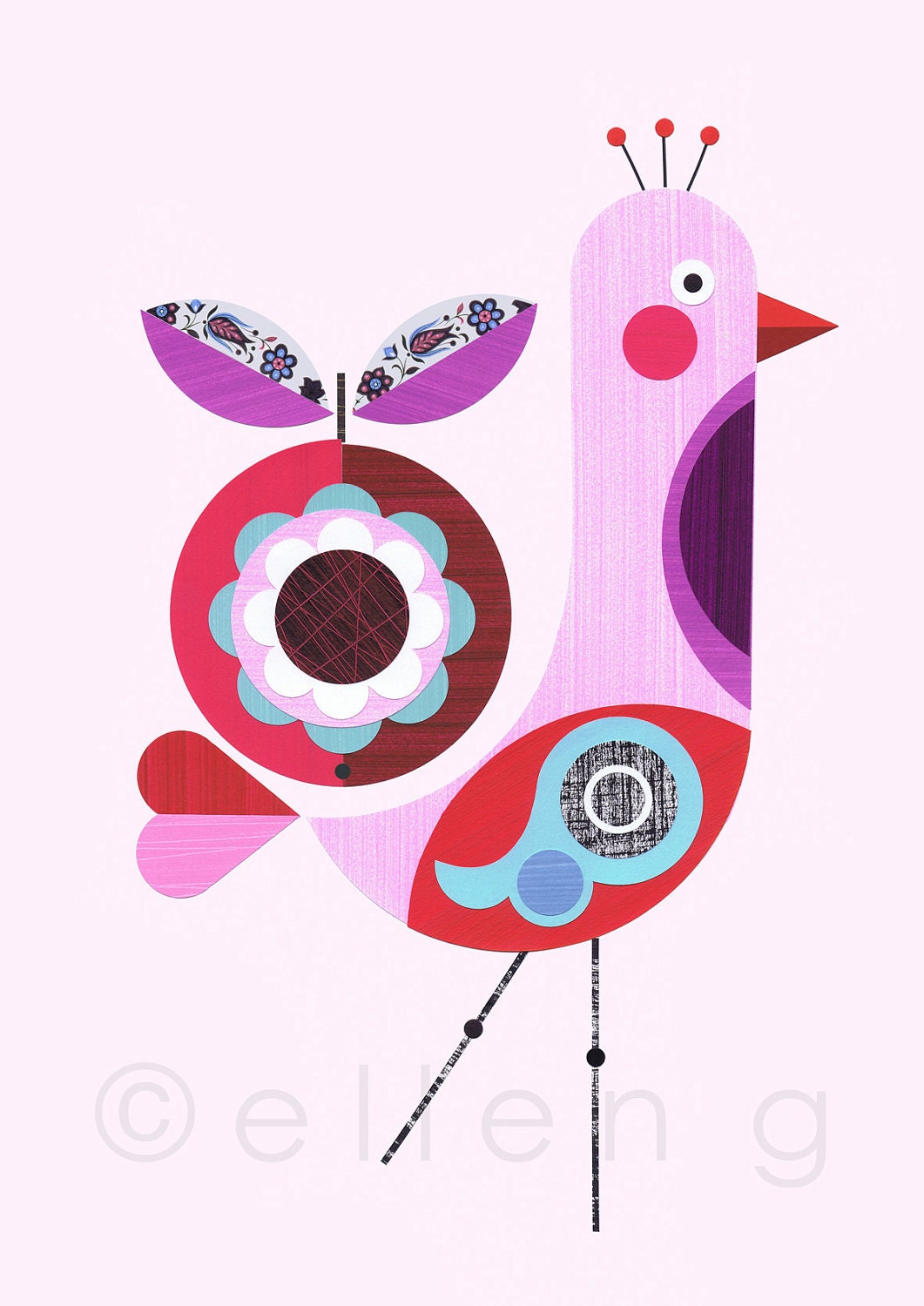 Pink bird with apple print